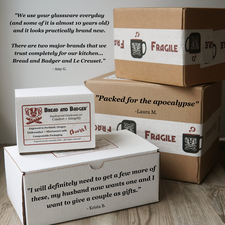 Bread and Badger packaging, with overlays of customer testimonials. White gift boxes feature a compostable label listing features like "Dishwasher & Microwave-Safe" and "Engraved in Portland Oregon".