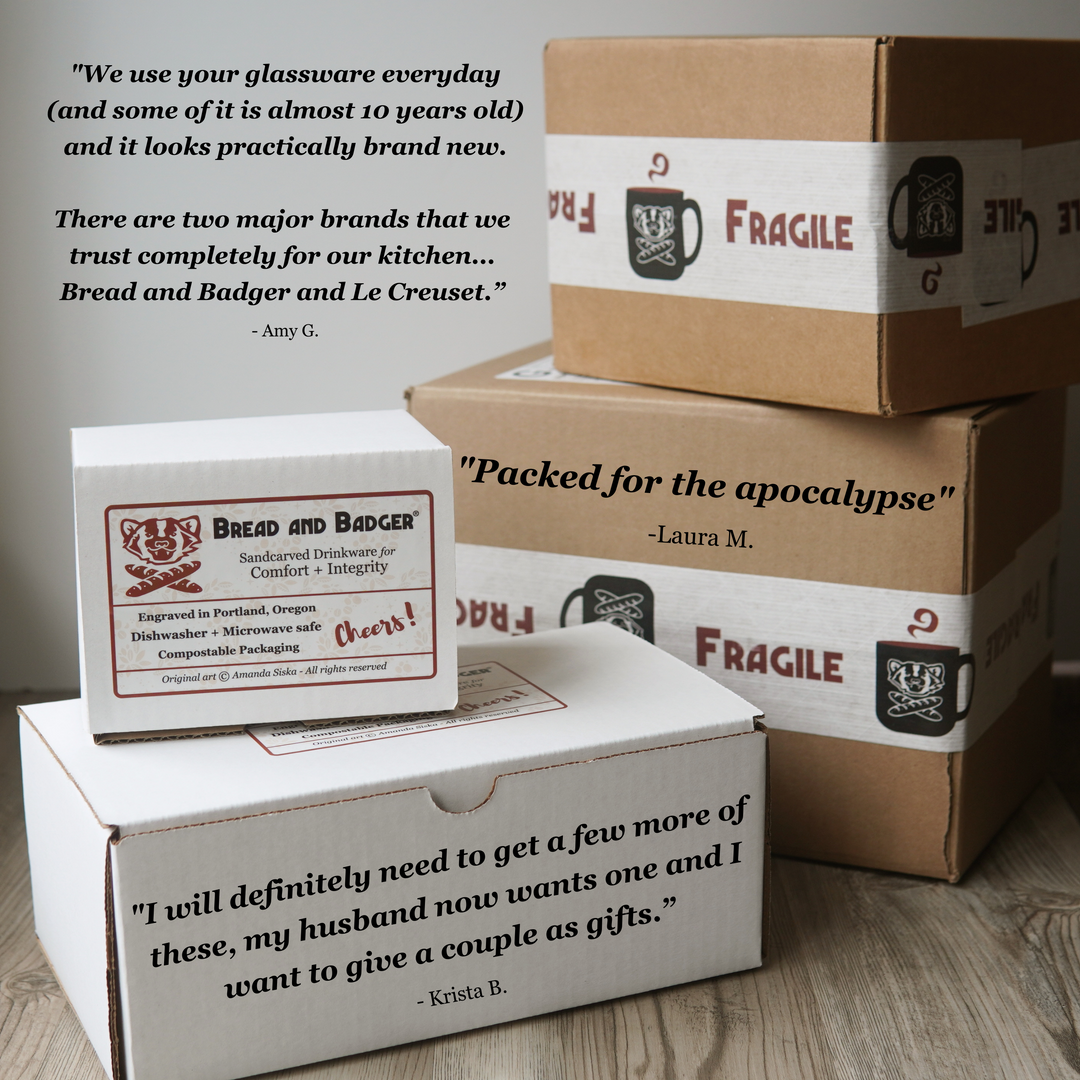 Bread and Badger packaging, with overlays of customer testimonials. White gift boxes feature a compostable label listing features like "Dishwasher & Microwave-Safe" and "Engraved in Portland Oregon".
