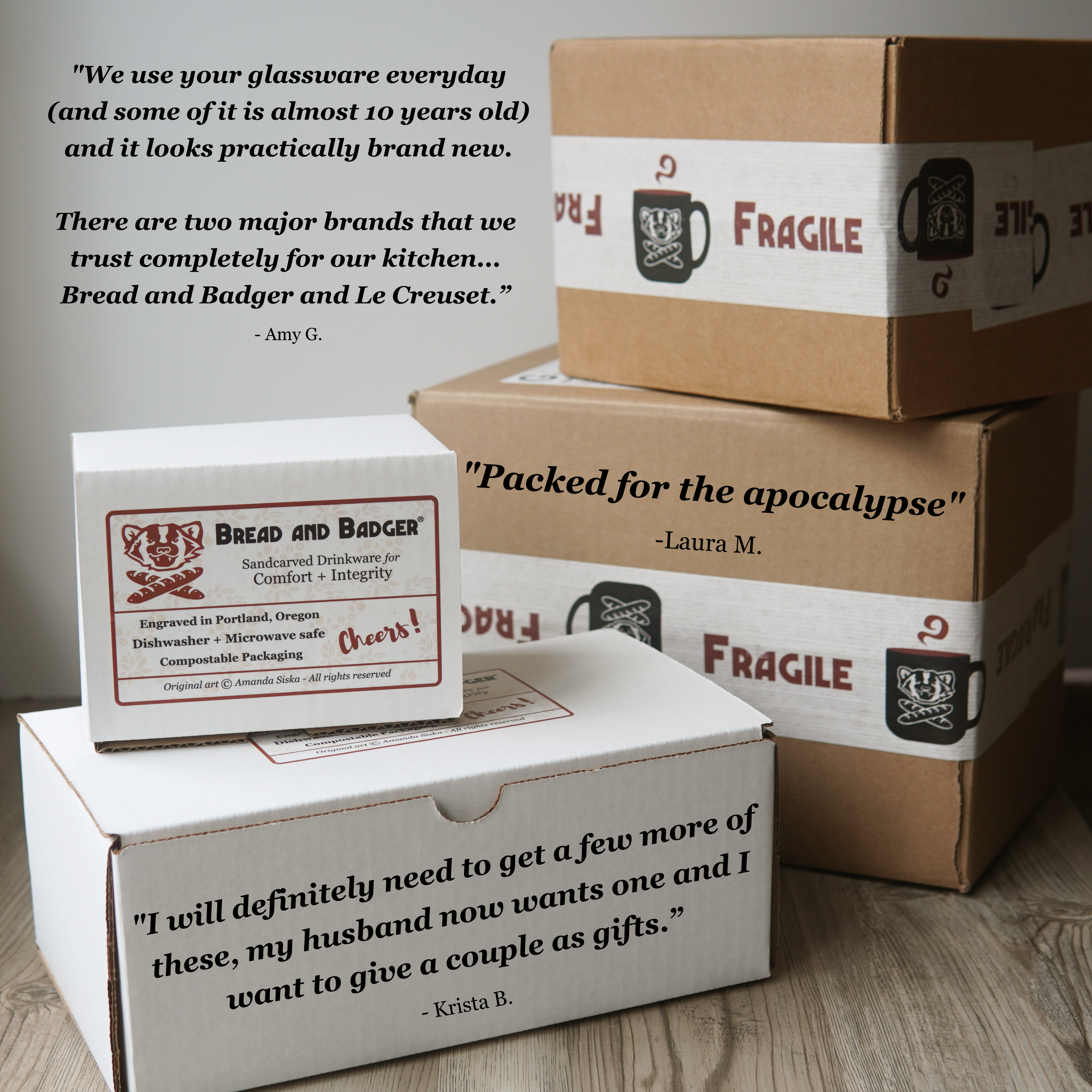Bread and Badger packaging, with overlays of customer testimonials. White gift boxes feature a compostable label listing features like "Dishwasher & Microwave-Safe" and "Engraved in Portland Oregon".
