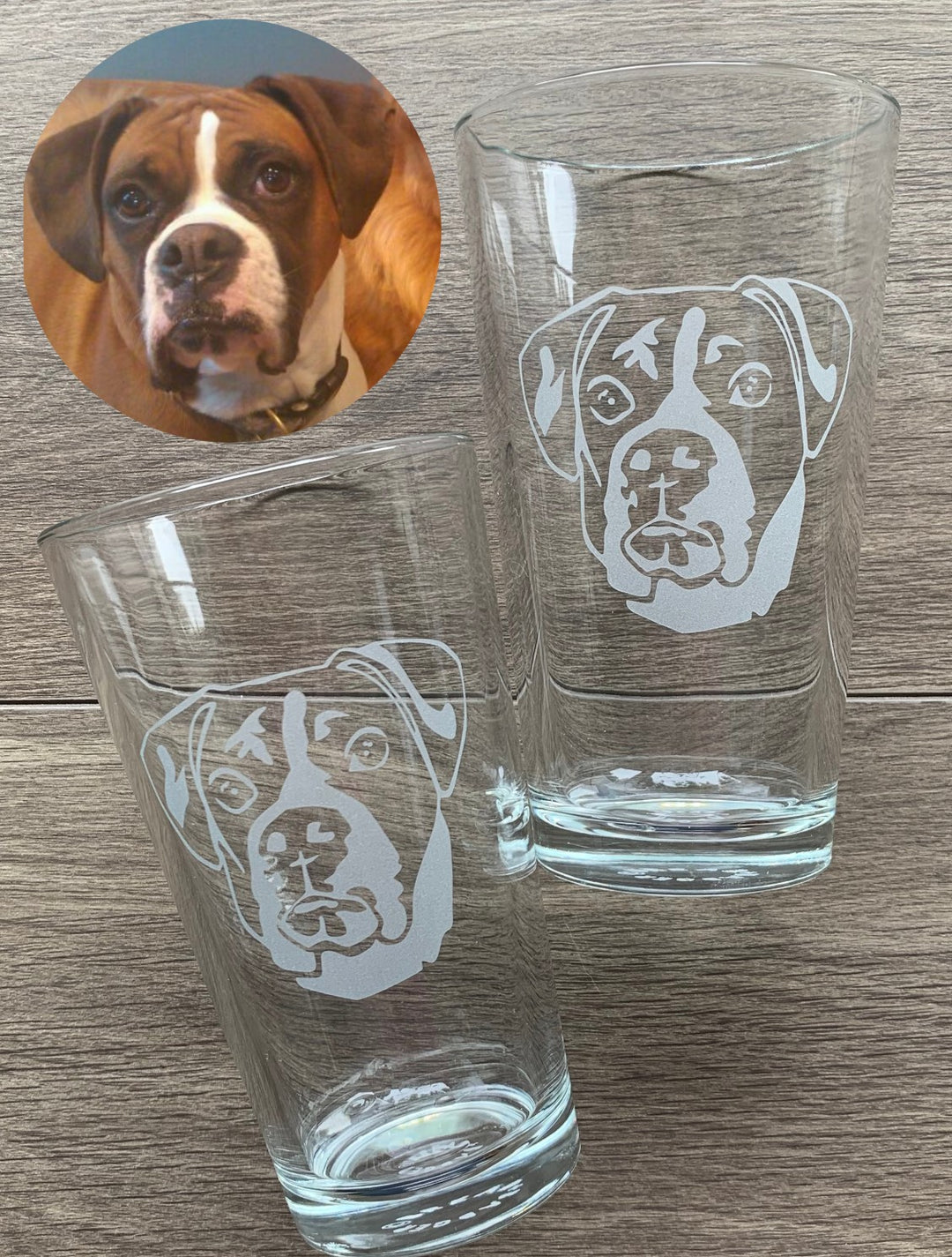 Boxer dog portraits etched onto a pair of pint glasses with an inset of the original photo they're based on. Art by Amanda Siska of Bread and Badger