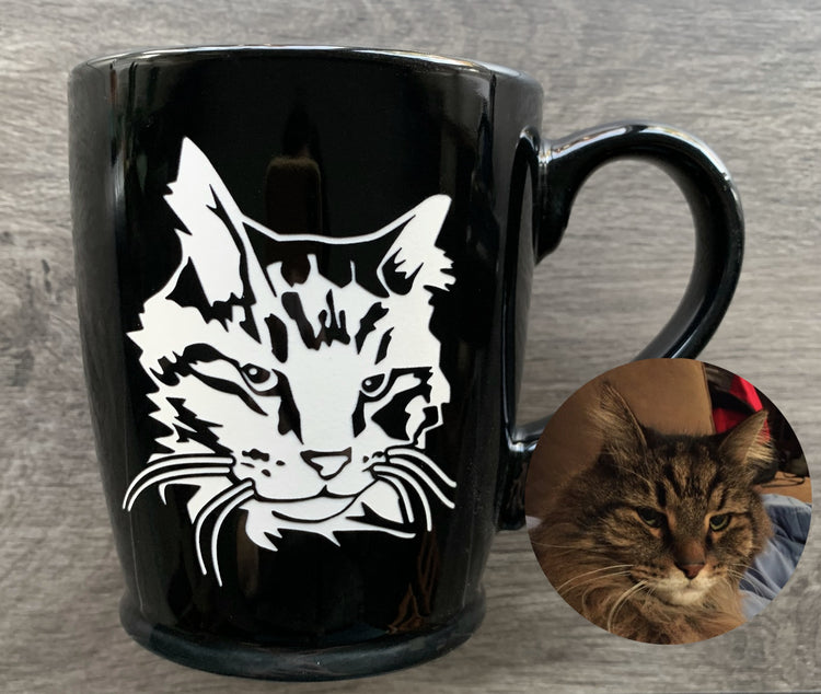 Cat portrait etched onto a black mug with an inset of the original photo it's based on. Art by Amanda Siska of Bread and Badger