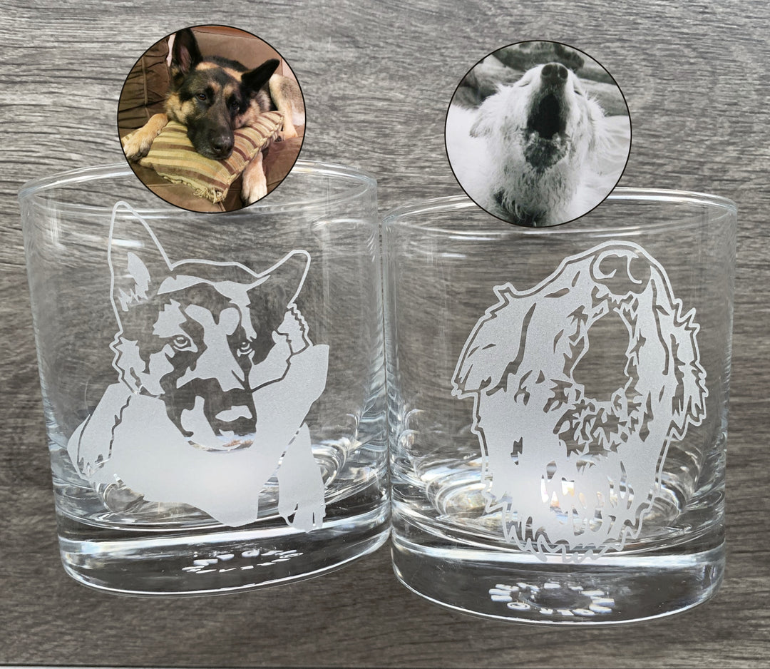 Two dog portraits etched onto a pair of lowball glasses with an inset of the original photos they're based on. Art by Amanda Siska of Bread and Badger