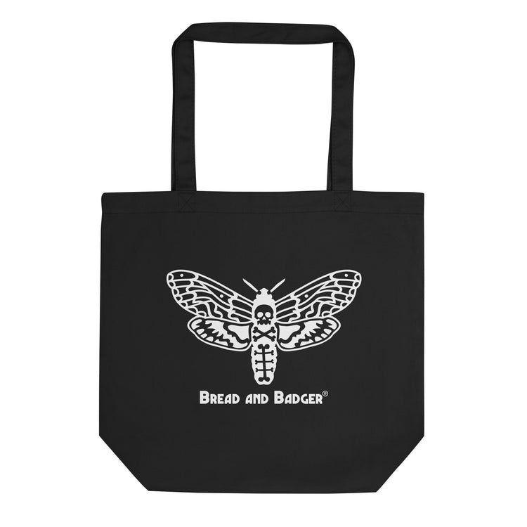 Black tote bag with white moth design and 'Bread and Badger' logo on a white background