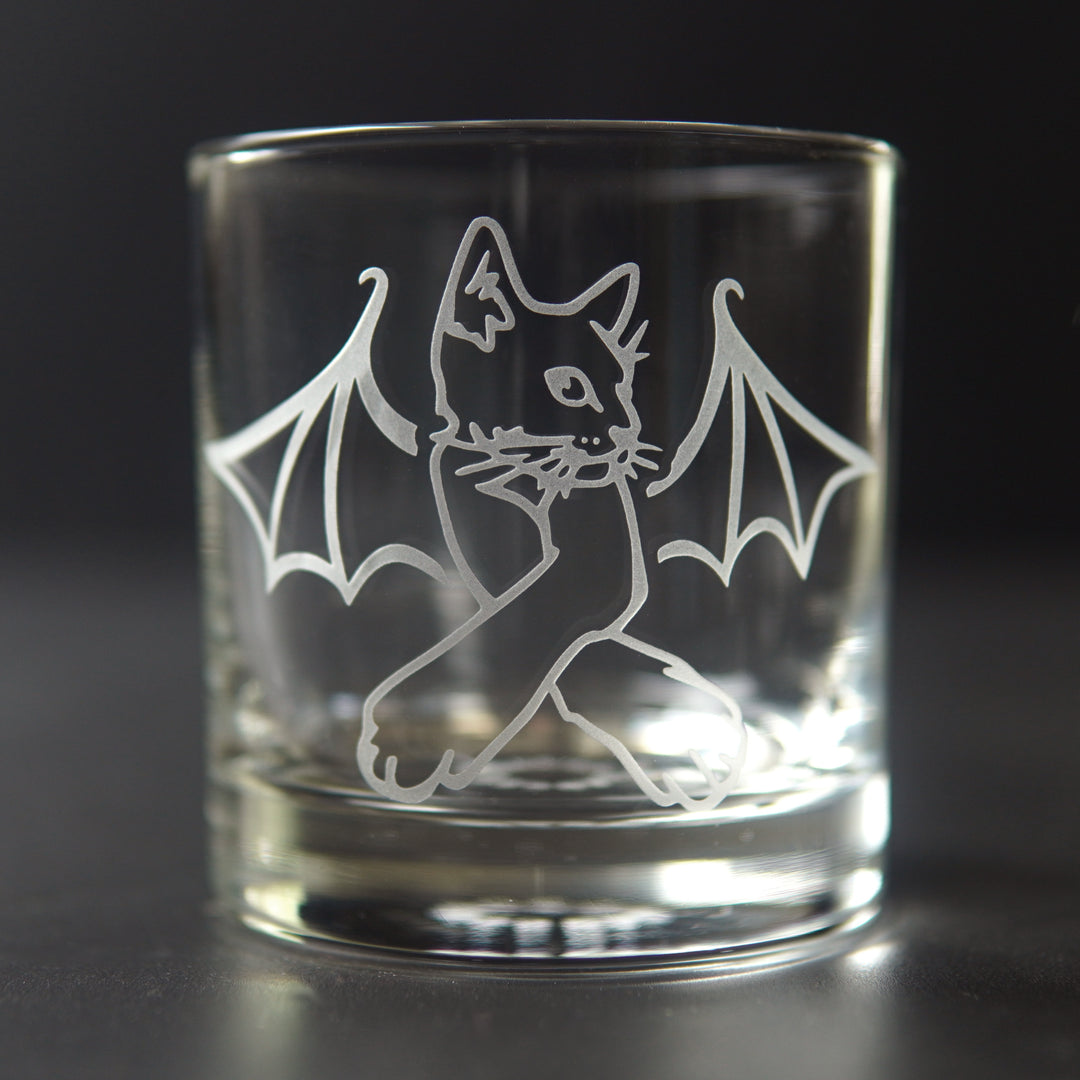 Cat Bat Lowball Glass - etched Halloween vampire cocktail barware