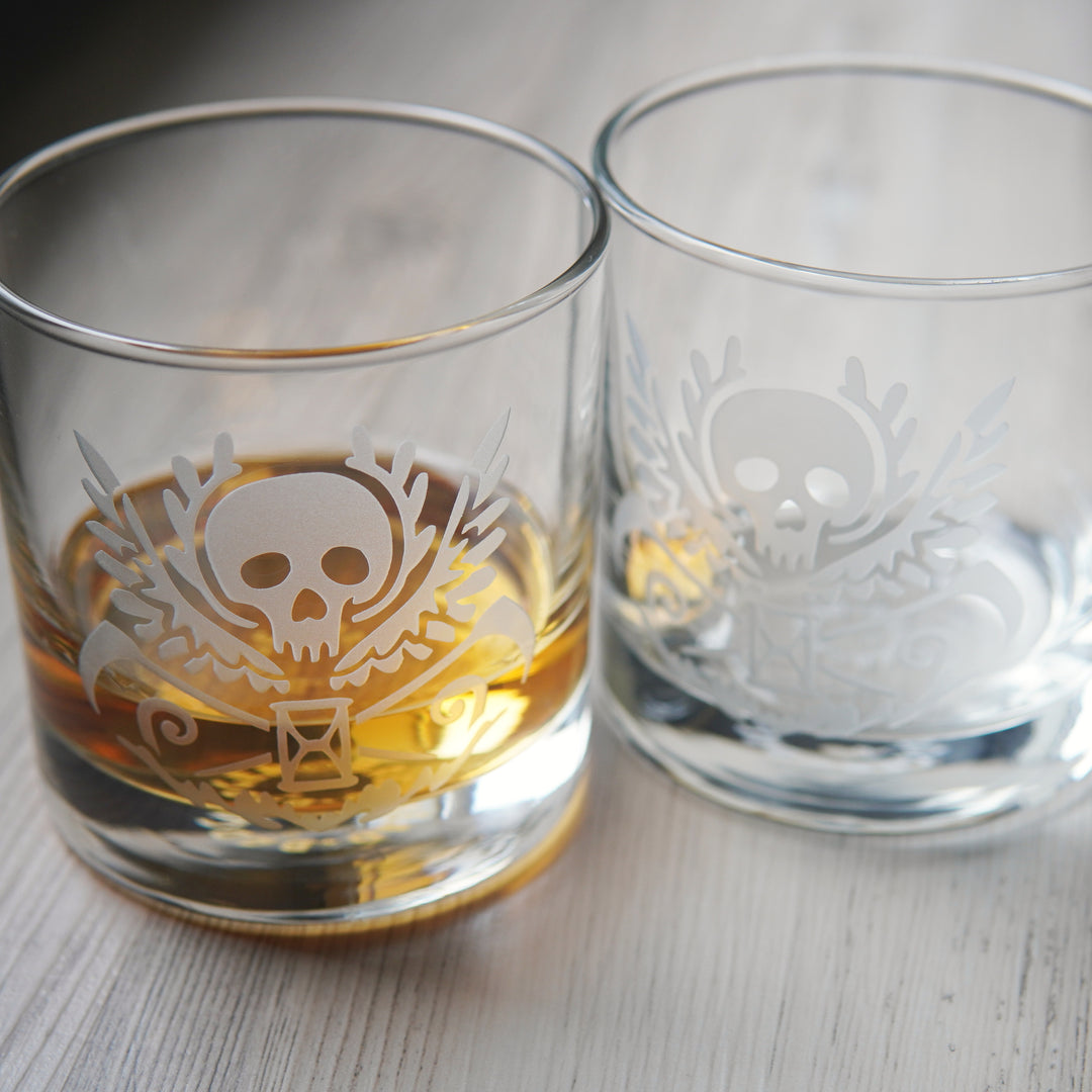 Death Skull Lowball Glass - etched cocktail glassware