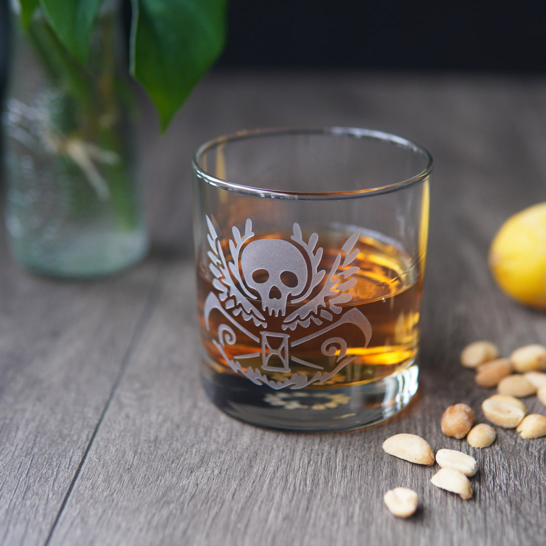 Death Skull Lowball Glass - etched cocktail glassware