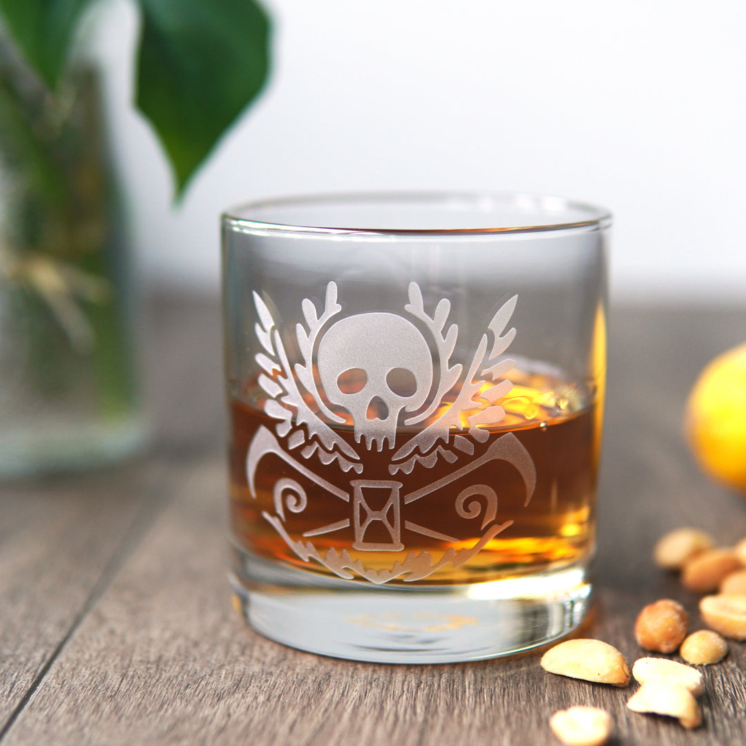 Death Skull Lowball Glass - etched cocktail glassware