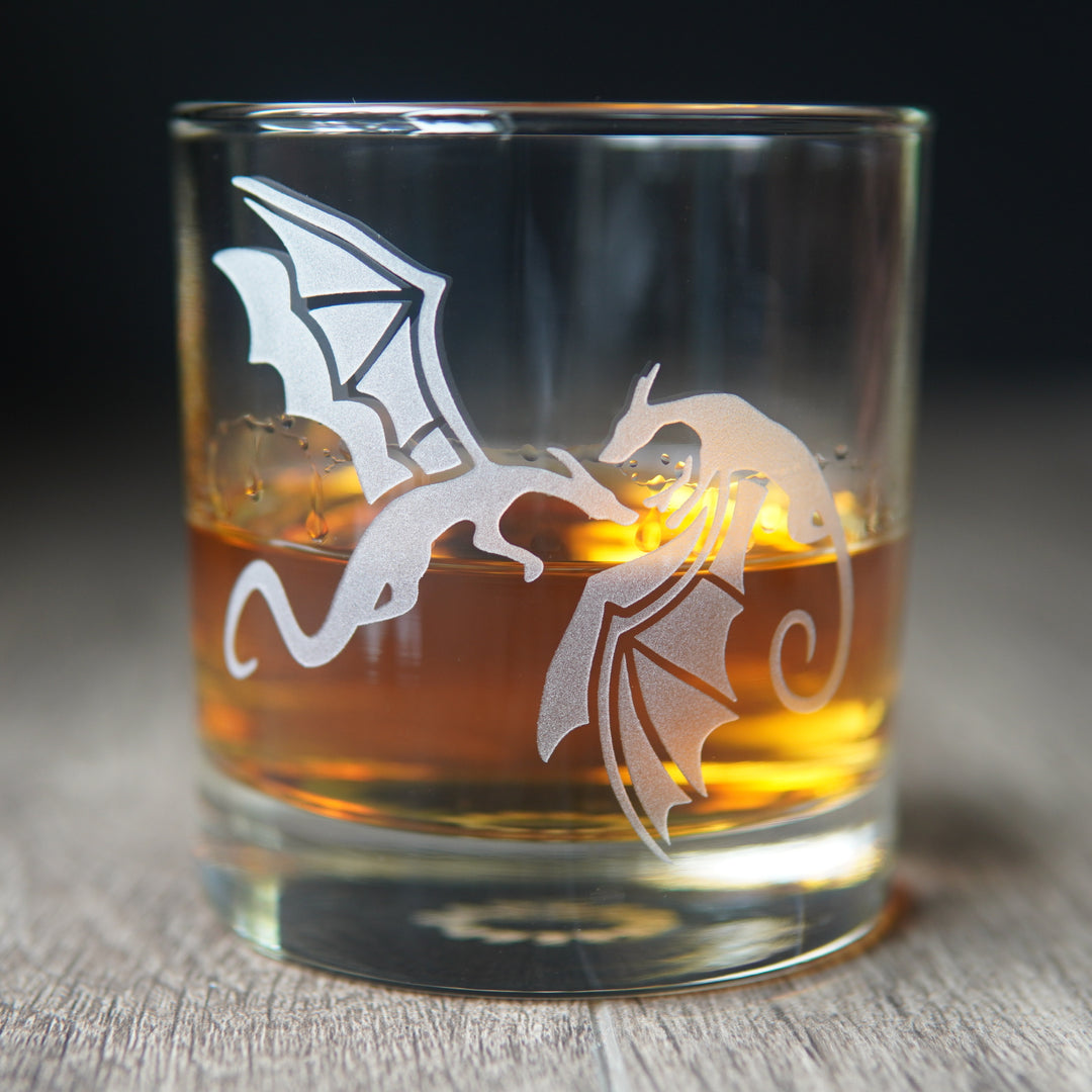 Dragons Lowball Glass - etched cocktail barware