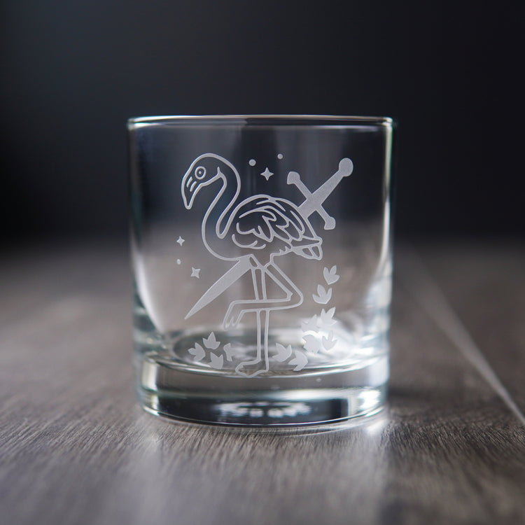 flamingo and sword etched lowball glass
