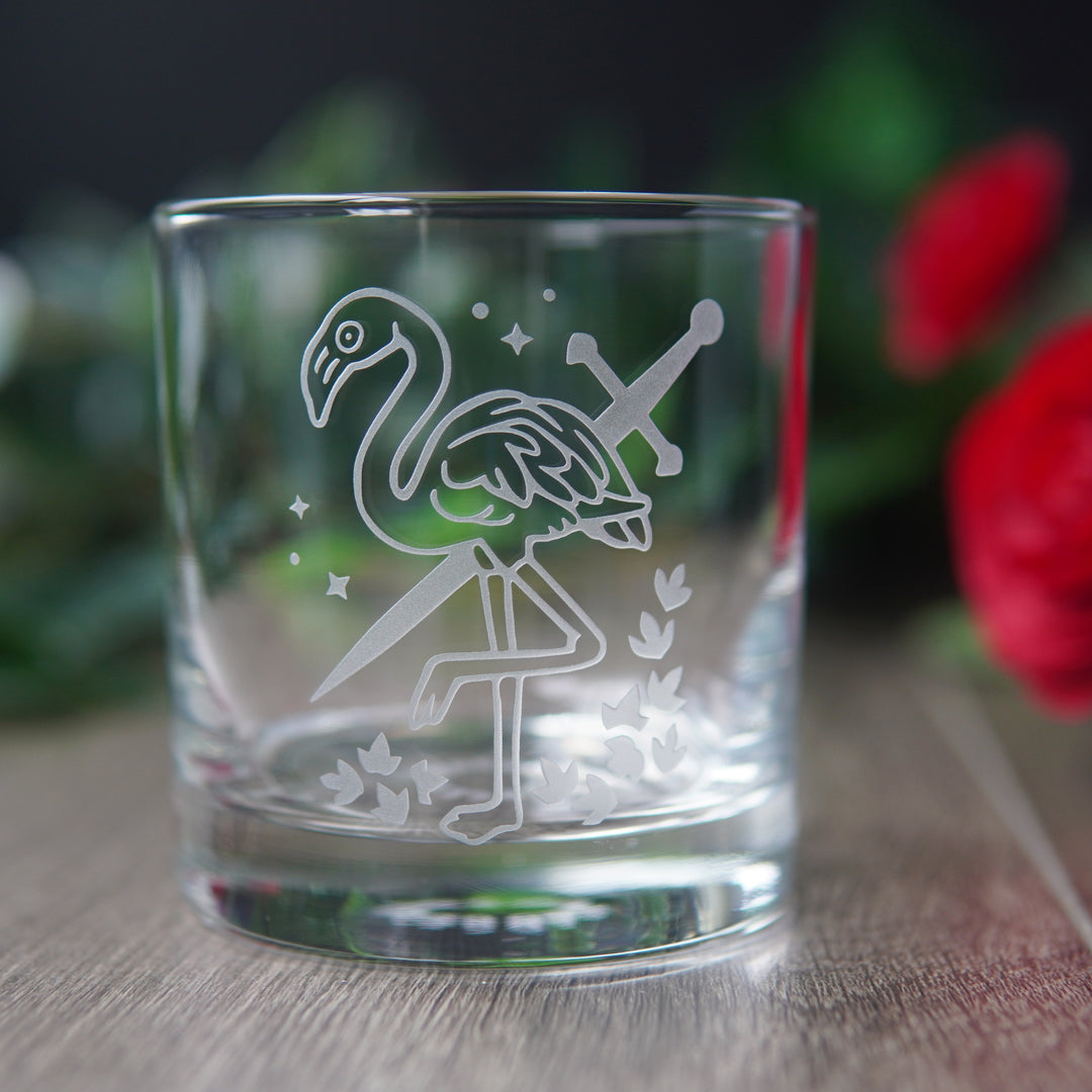 flamingo and sword etched lowball glass