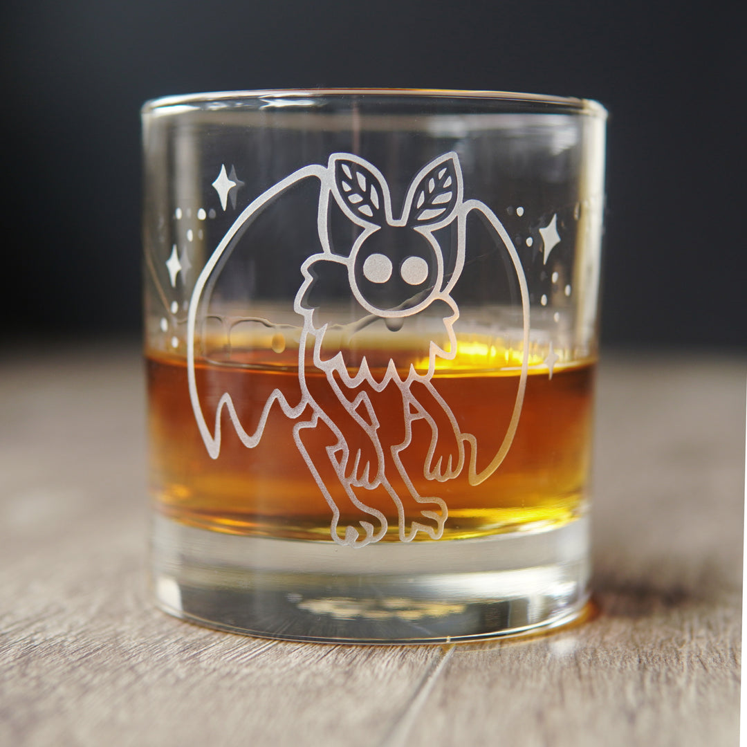 Mothman Lowball Glass - etched horror monster cocktail barware