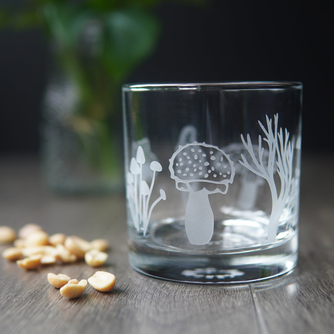Mushroom Collection Lowball Glass - etched cocktail glassware