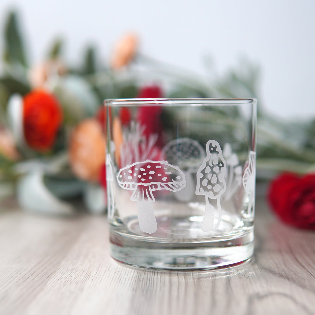 Mushroom Collection Lowball Glass - etched cocktail glassware