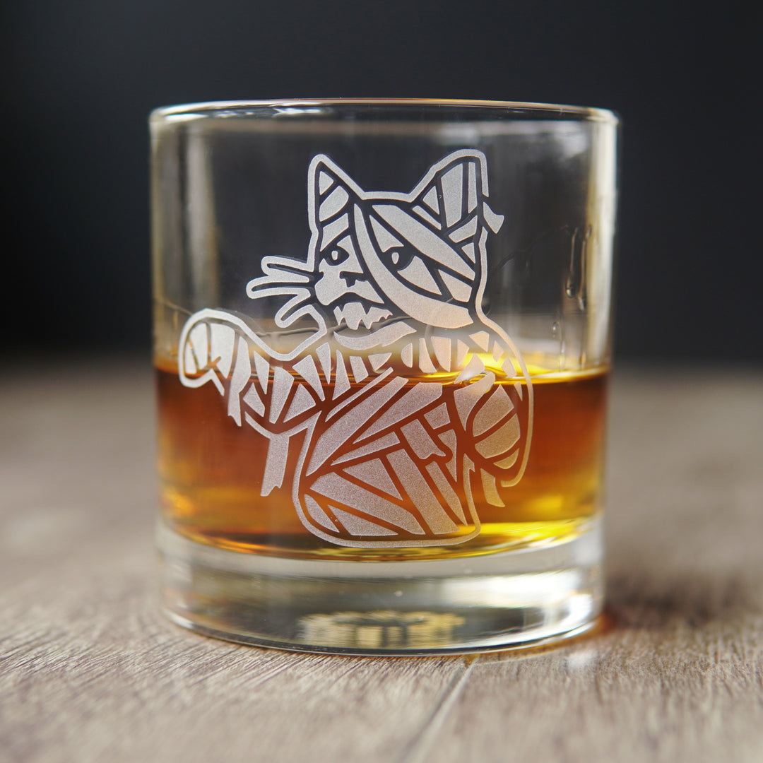 Mummy Cat Lowball Glass - etched Halloween horror barware