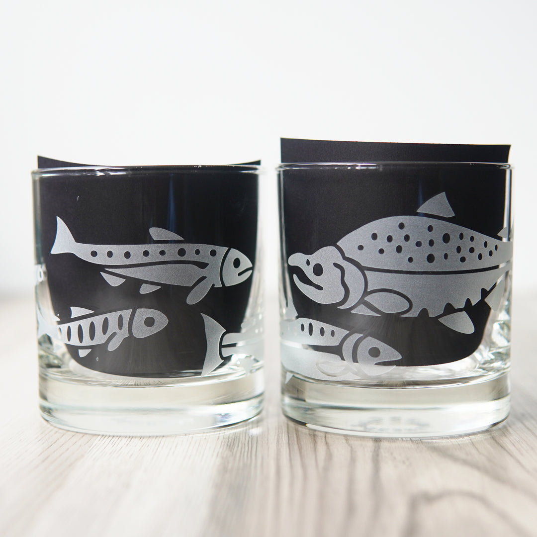 Salmon Lowball Glass - etched fish glassware