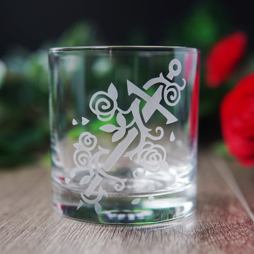 sword and roses lowball glass