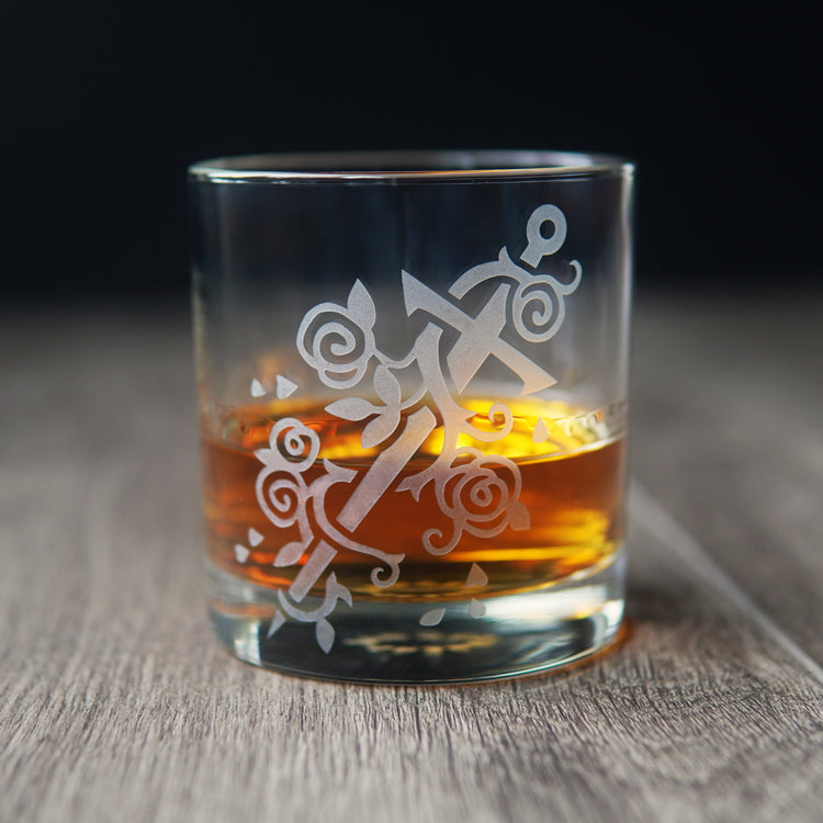sword and roses lowball glass
