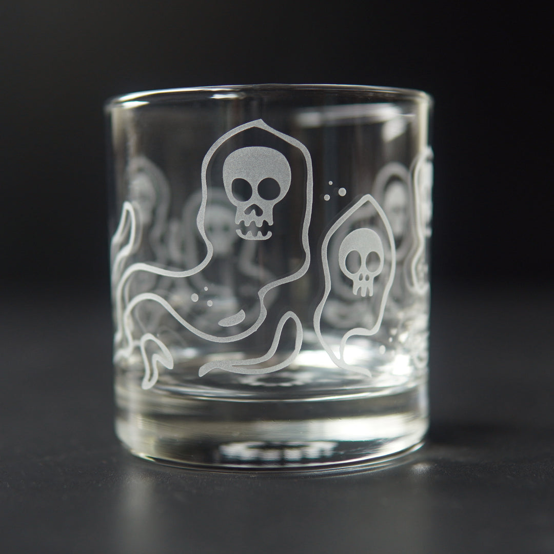 Wraiths Lowball Glass - etched Halloween ghost barware