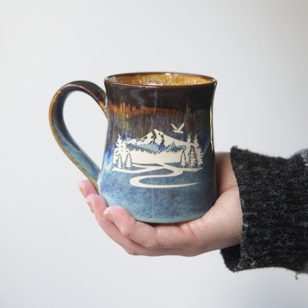 Mountain mug (Mount Hood) in coastline drippy blue and brown glaze