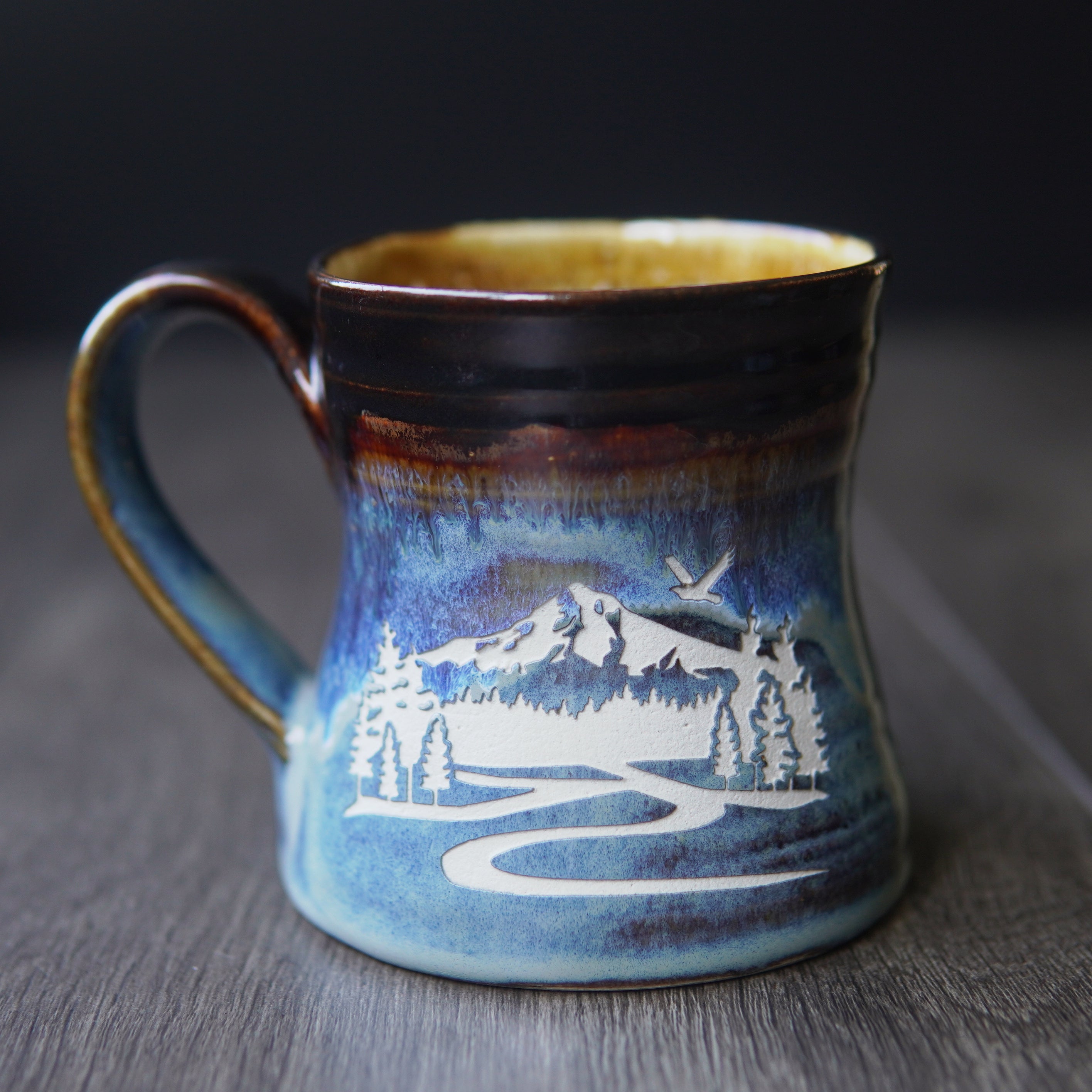 Mountain mug in coastline drippy blue and brown glaze