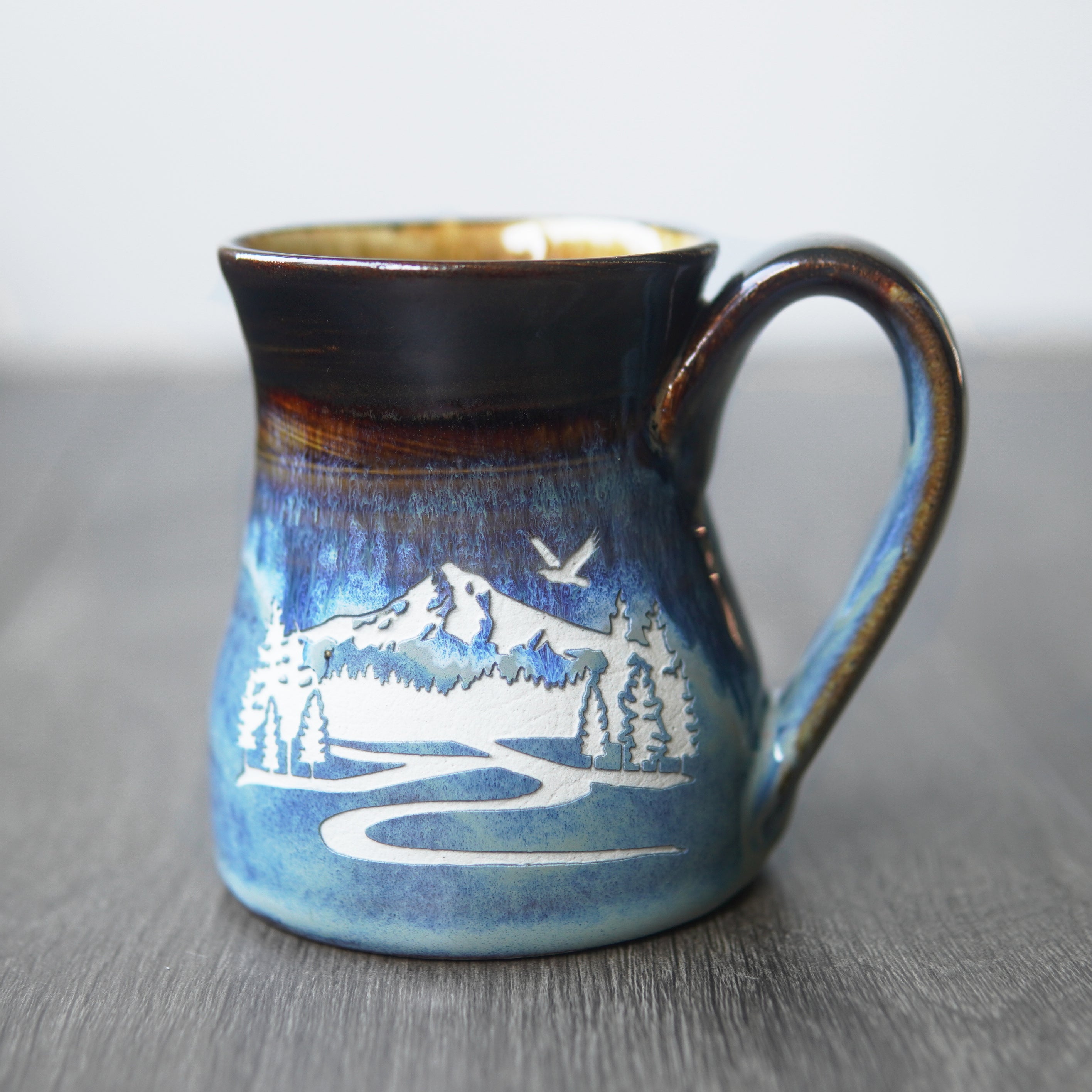 Mountain mug in coastline drippy blue and brown glaze