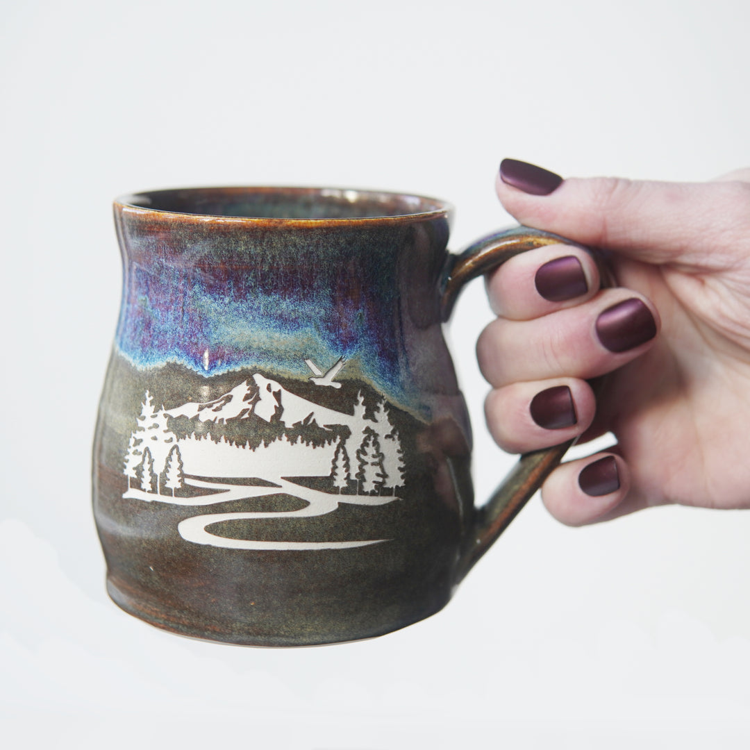 Mountain mug in dusk drippy purple, blue, and brown glaze