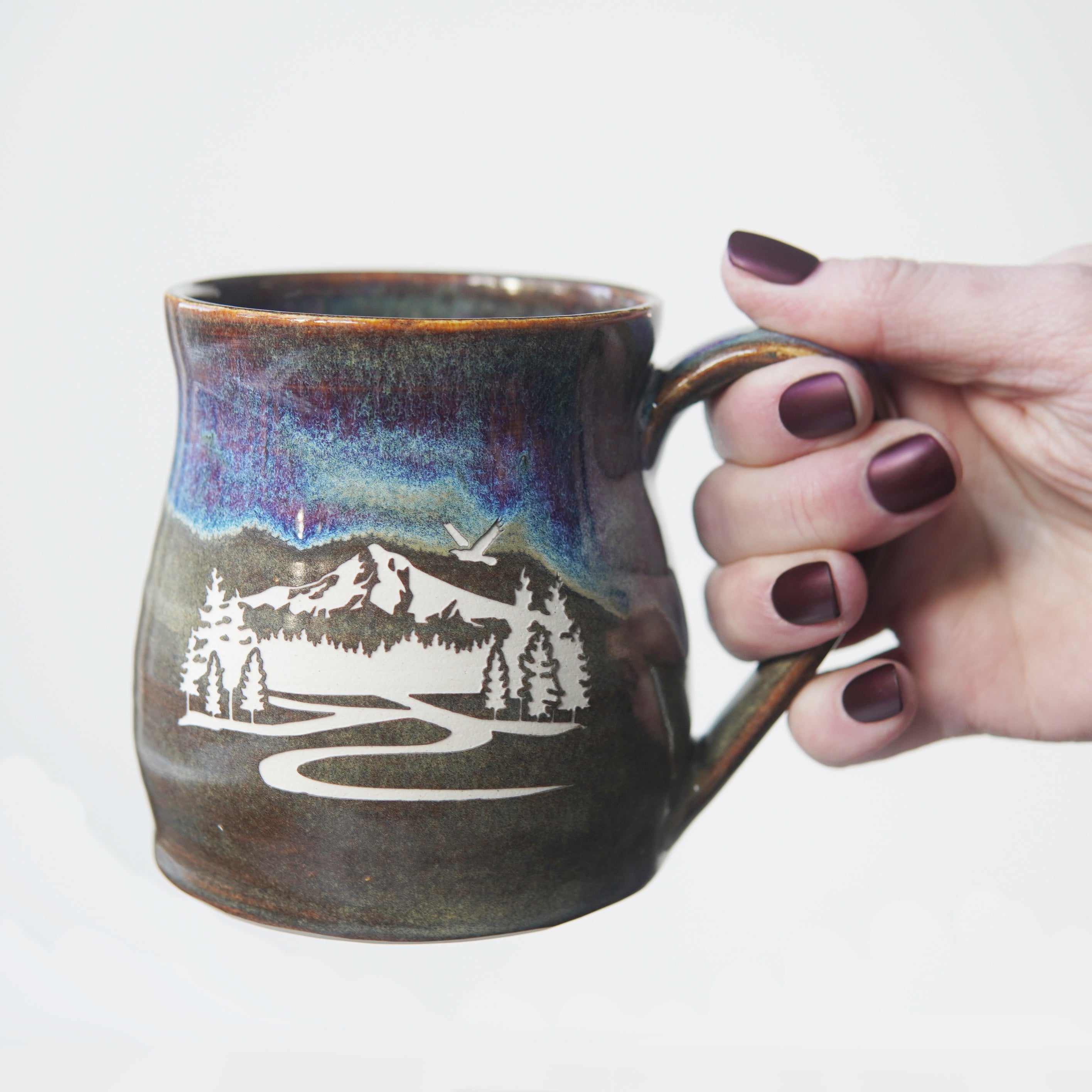 Mountain mug in dusk drippy purple, blue, and brown glaze