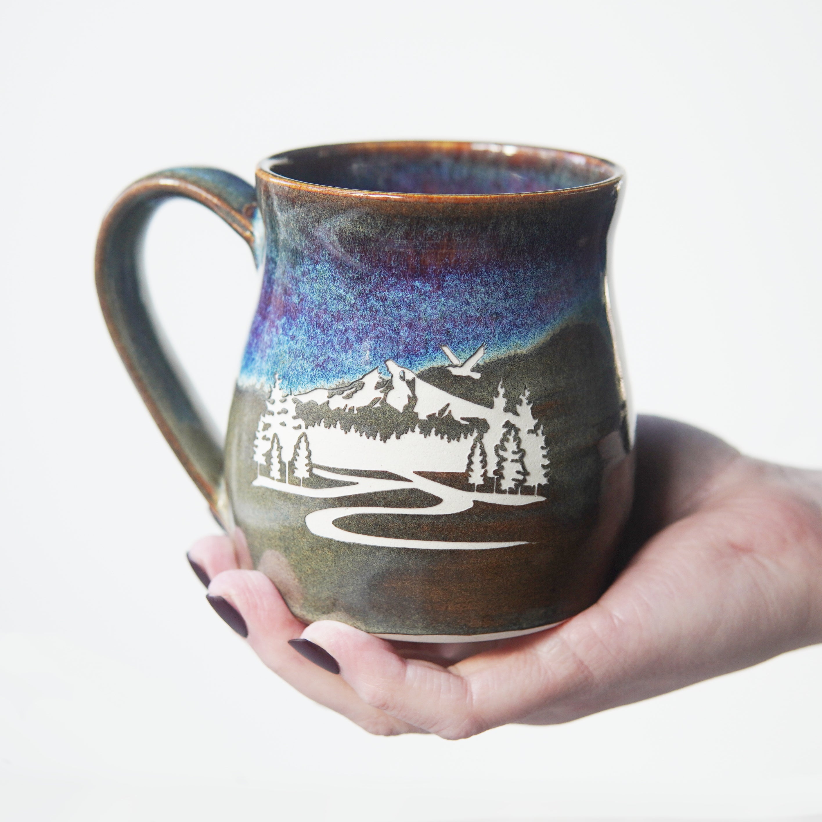 Mountain mug in dusk drippy purple, blue, and brown glaze