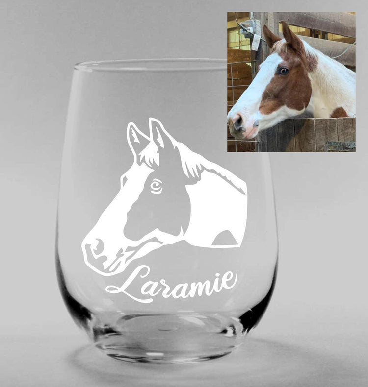 Digital mock up of a horse portrait etched onto a wine glass with an inset of the original photo it's based on. Art by Amanda Siska of Bread and Badger