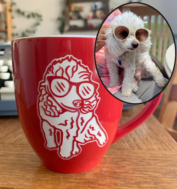 Poodle dog wearing sunglasses etched onto a red mug with an inset of the original photo it's based on. Art by Amanda Siska of Bread and Badger
