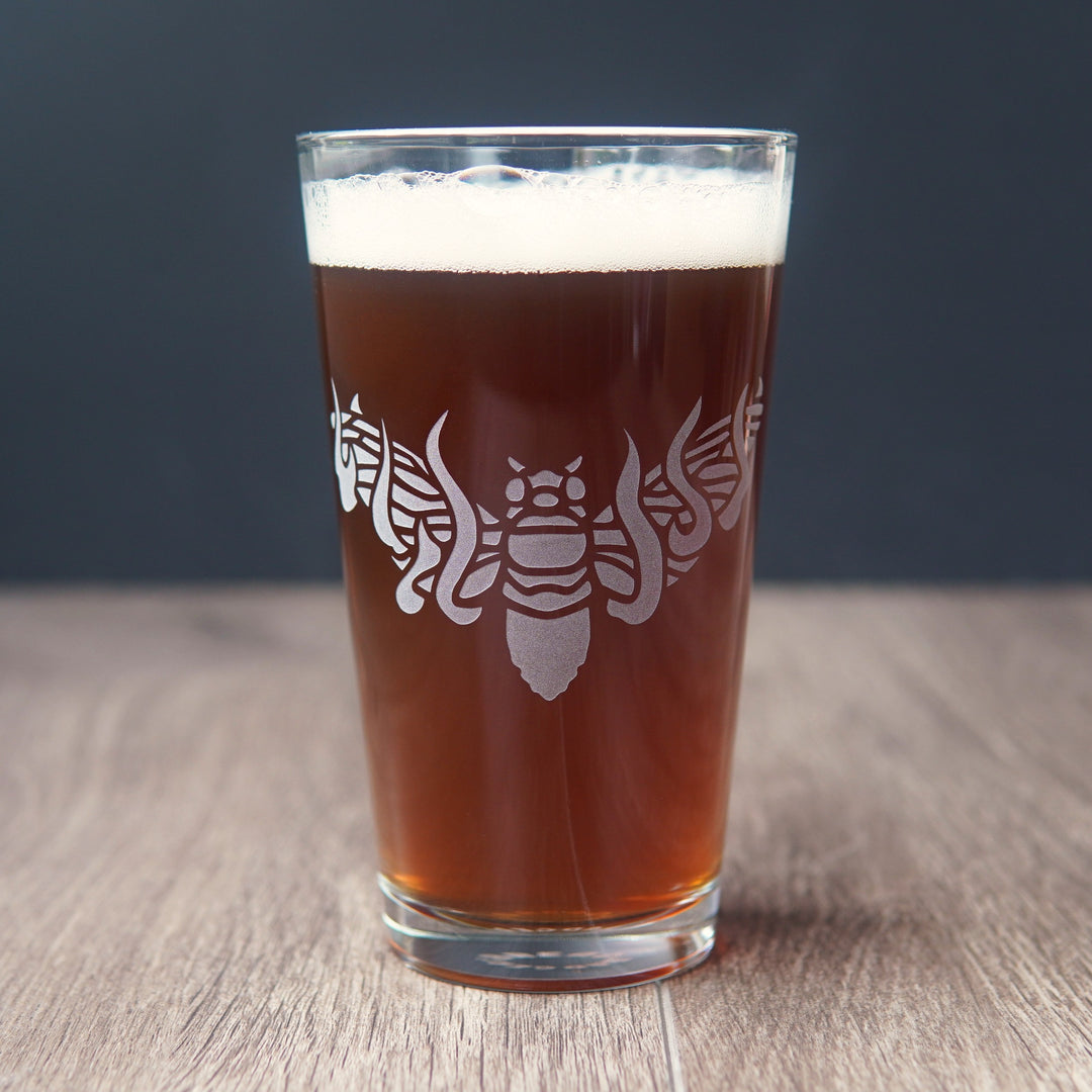 Cicada Pint Glass - flaming winged insect etched glassware
