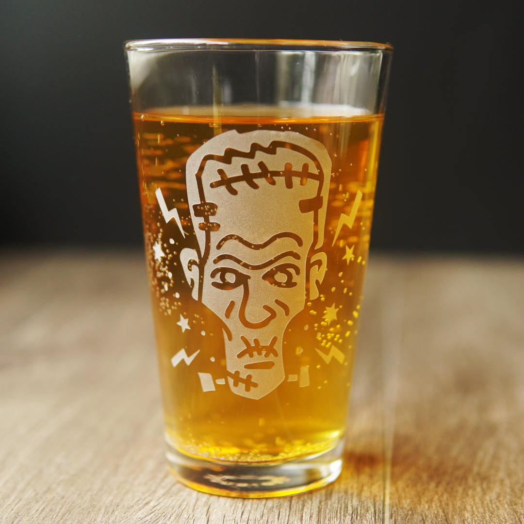 Frankenstein etched pint glass