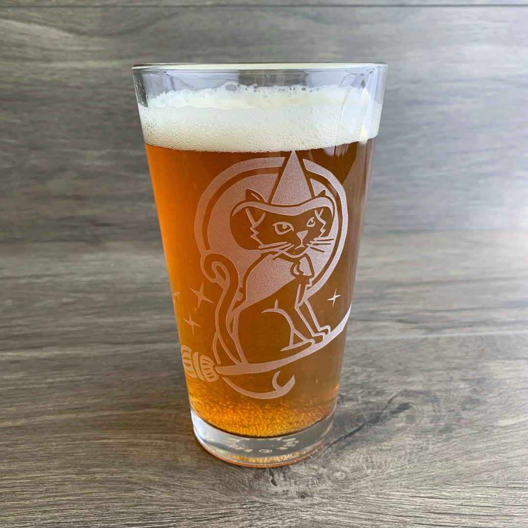 Witch Cat Pint Glass - etched Halloween glassware