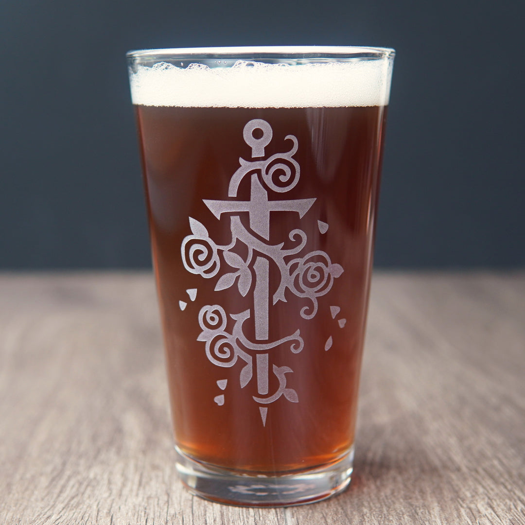 Damocles Sword + Roses Pint Glass - etched glassware