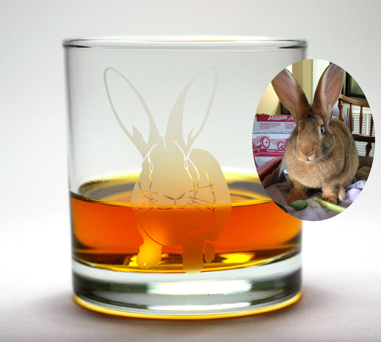 Rabbit portrait etched onto a lowball glass with an inset of the original photo it's based on. Art by Amanda Siska of Bread and Badger
