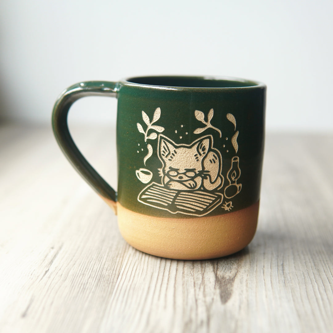 Book Cat Mug, Cozy Farmhouse Style Handmade Pottery