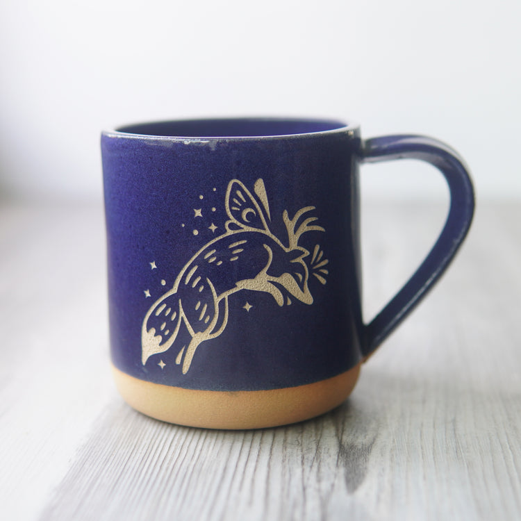 Fox Fairy engraved pottery mug in cobalt blue glaze