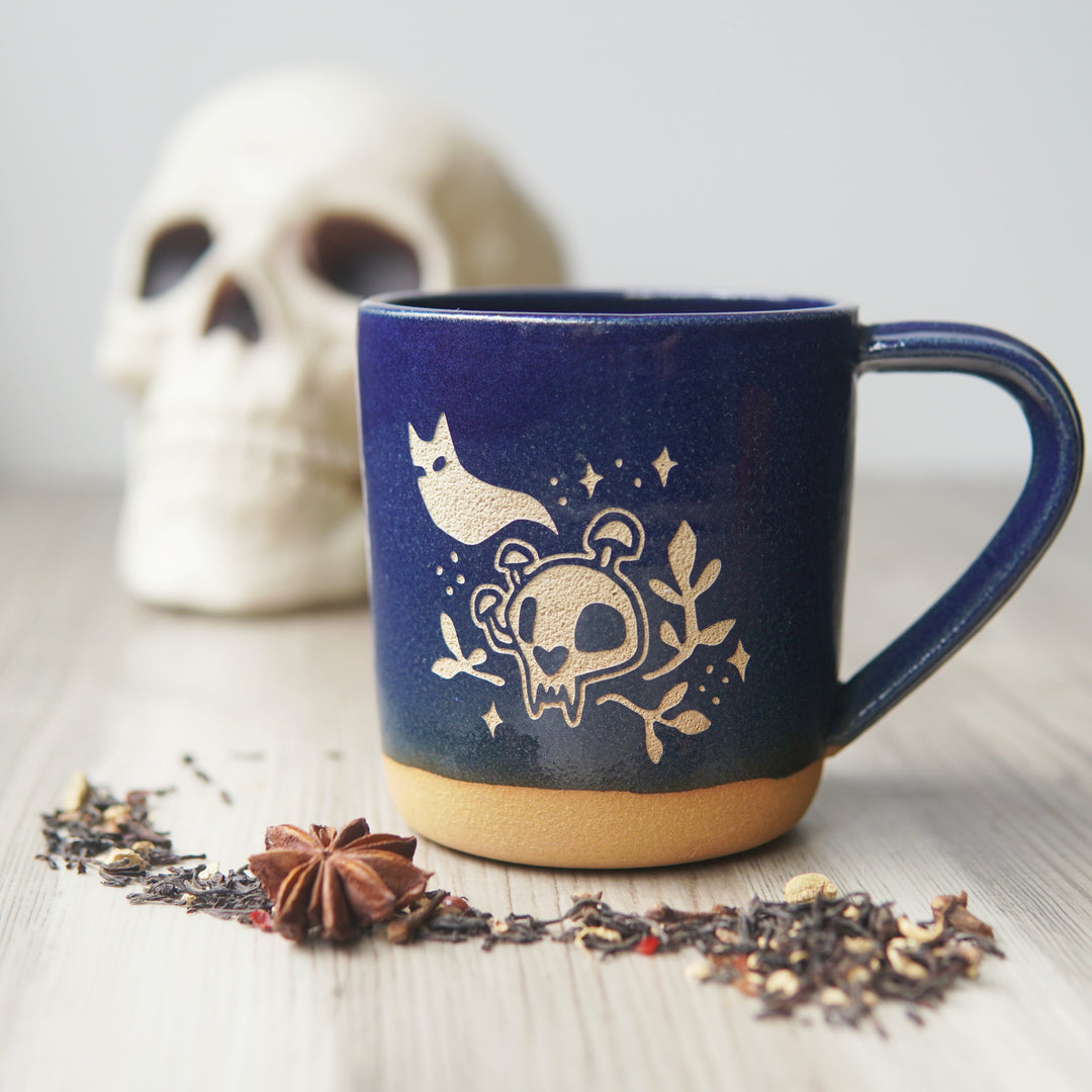 Haunted Cat Skull Mug, Farmhouse Style Handmade Pottery