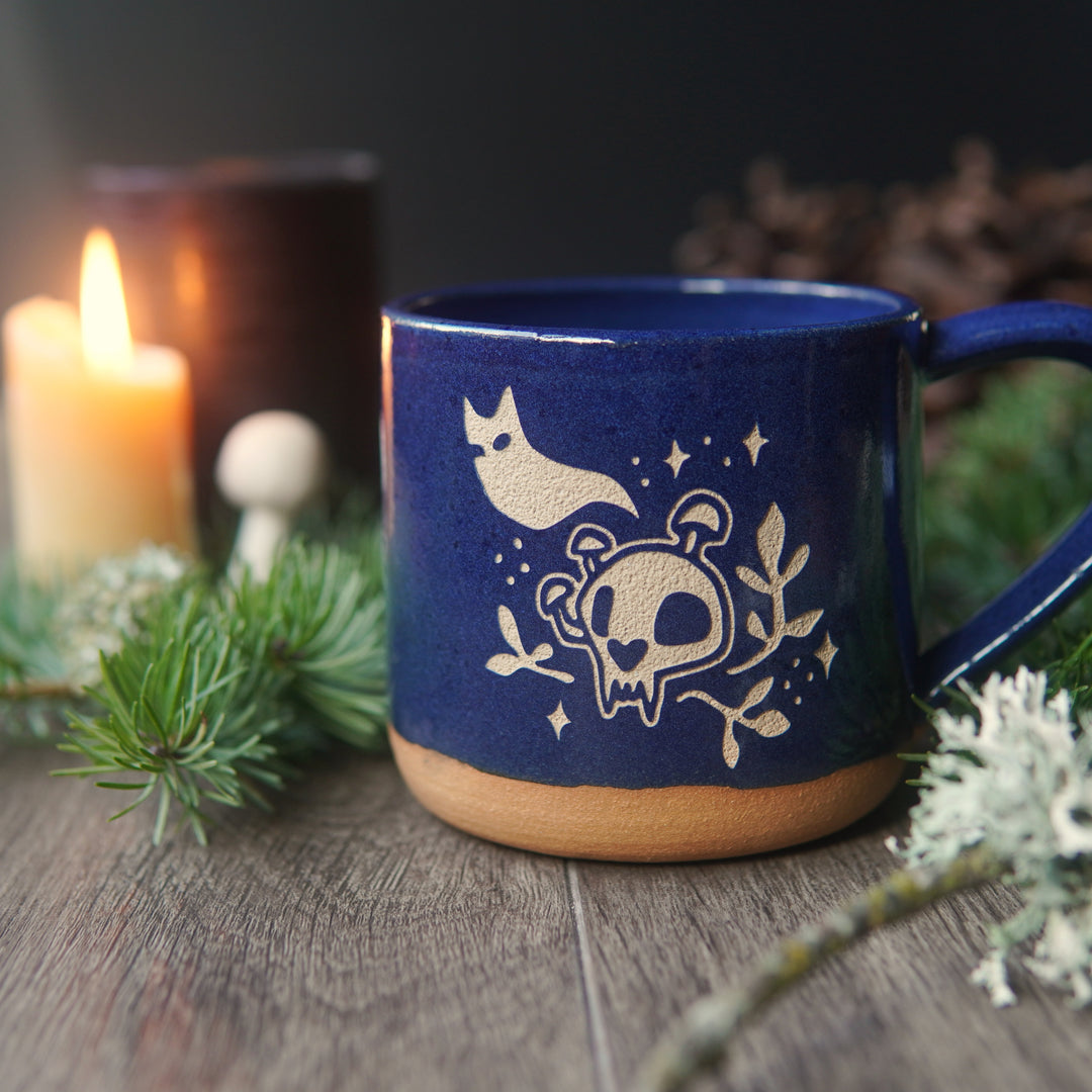 Haunted Cat Skull Mug, Farmhouse Style Handmade Pottery