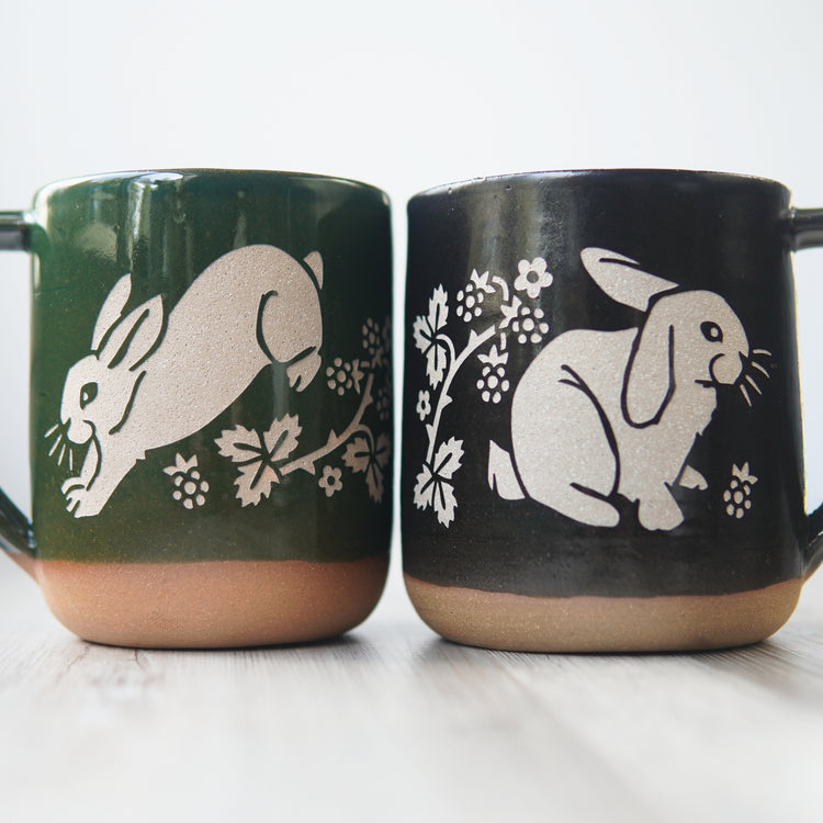 rabbit mugs in pine green and black