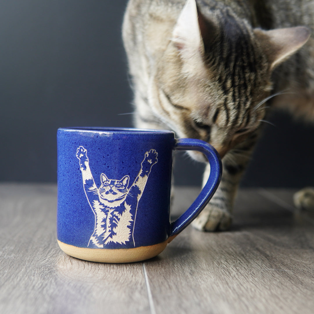 Stretching Cat Mug, Farmhouse Style Handmade Pottery