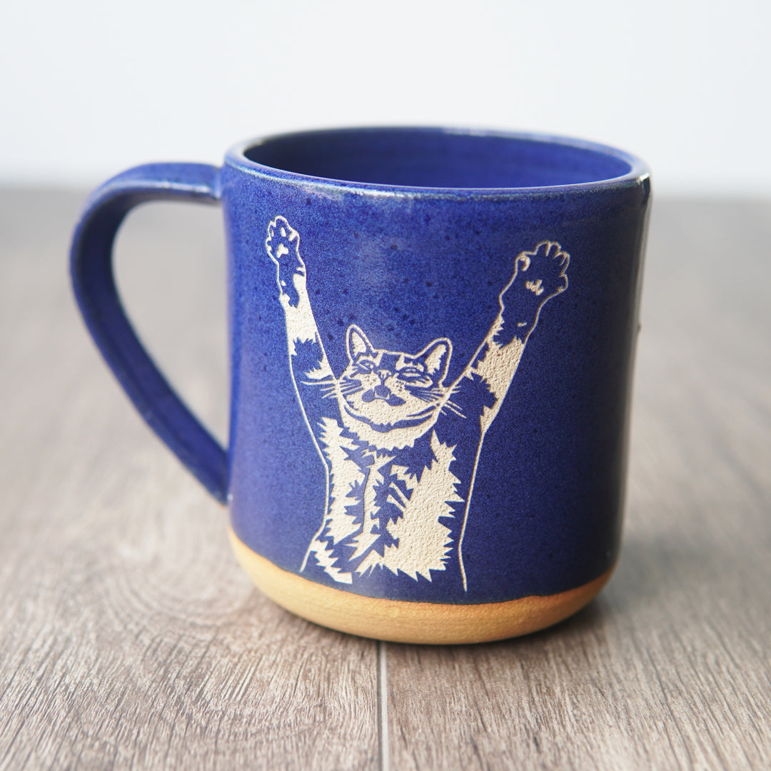 Stretching Cat Mug, Farmhouse Style Handmade Pottery