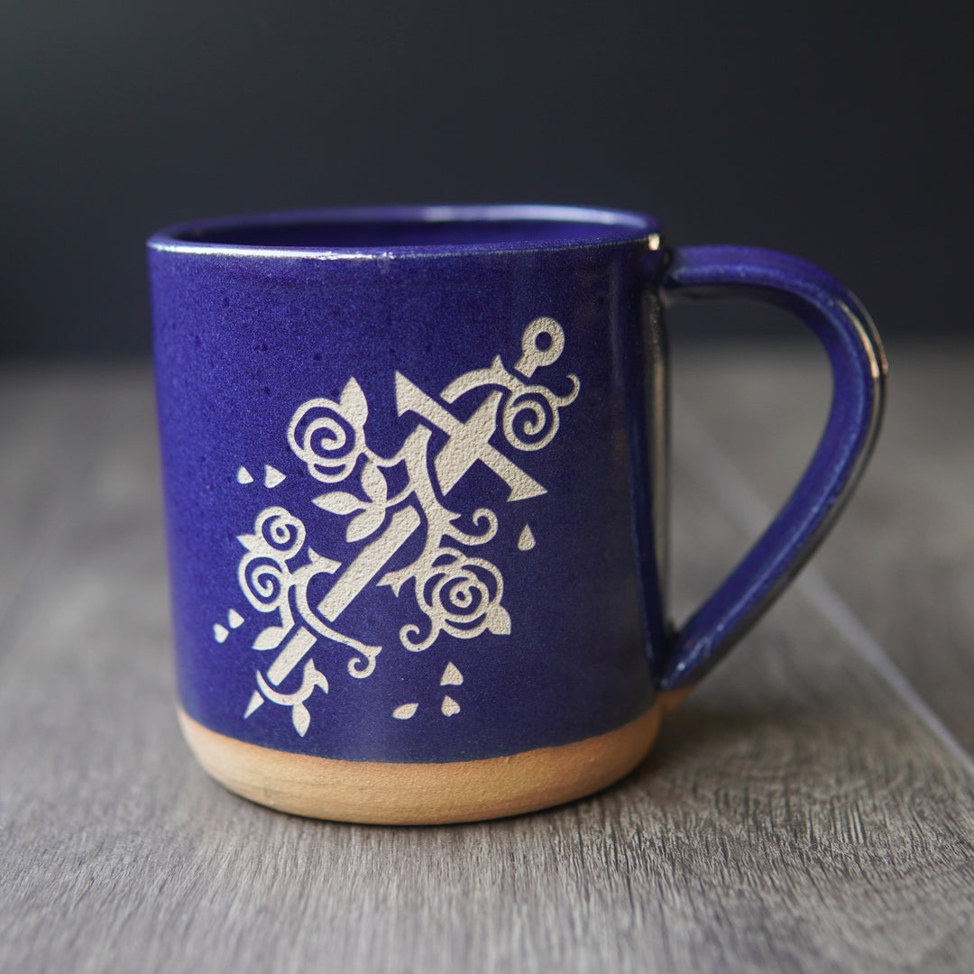 Sword + Roses Mug, Farmhouse Style Handmade Pottery