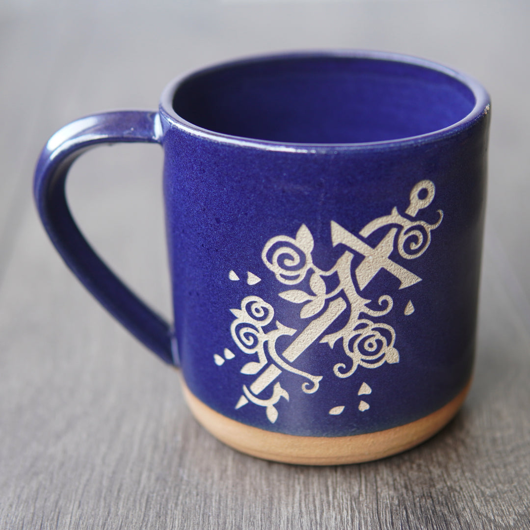 Sword + Roses Mug, Farmhouse Style Handmade Pottery
