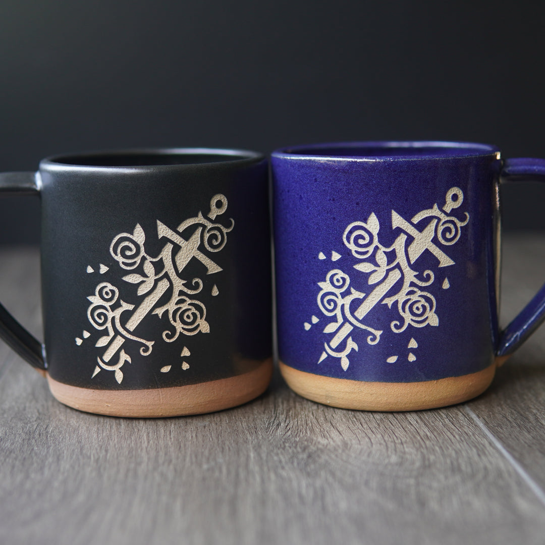 Sword + Roses Mug, Farmhouse Style Handmade Pottery