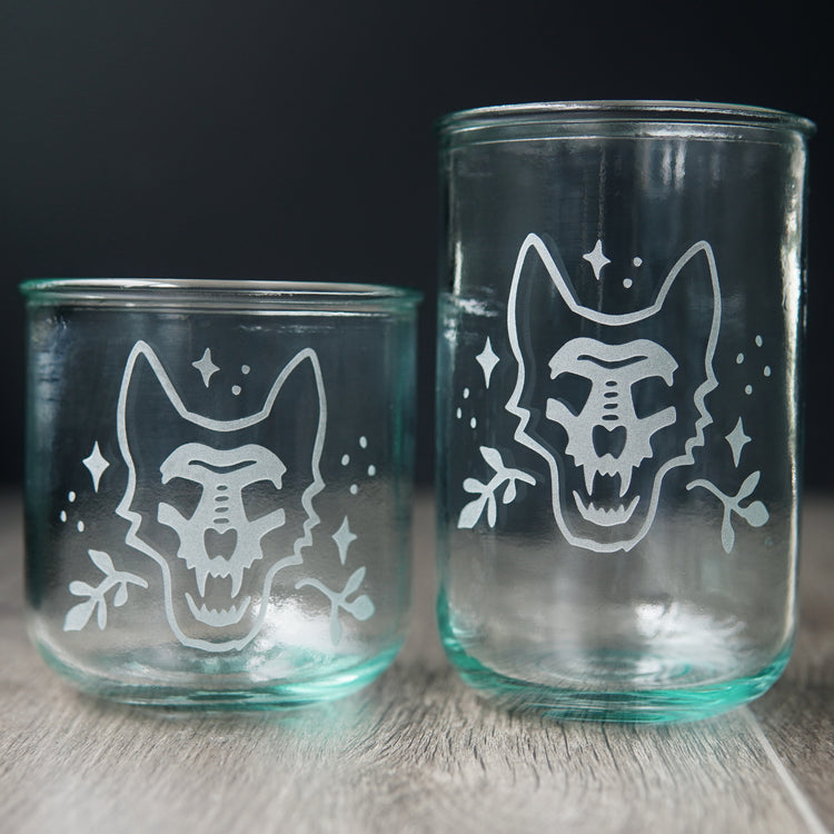 German Shepherd dog skull engraved onto short and tall recycled glassware