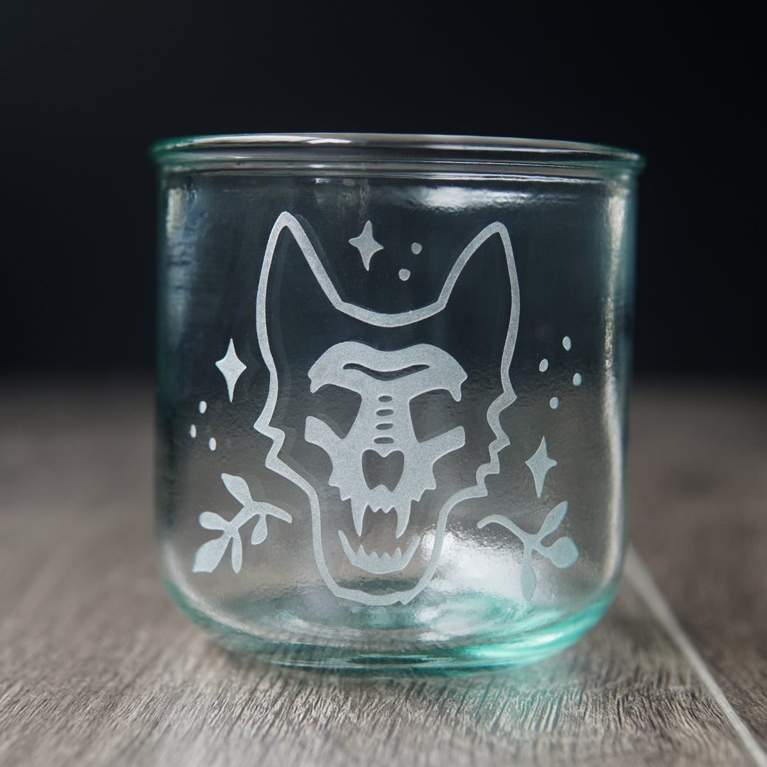 German Shepherd dog skull etched onto short recycled glass cup