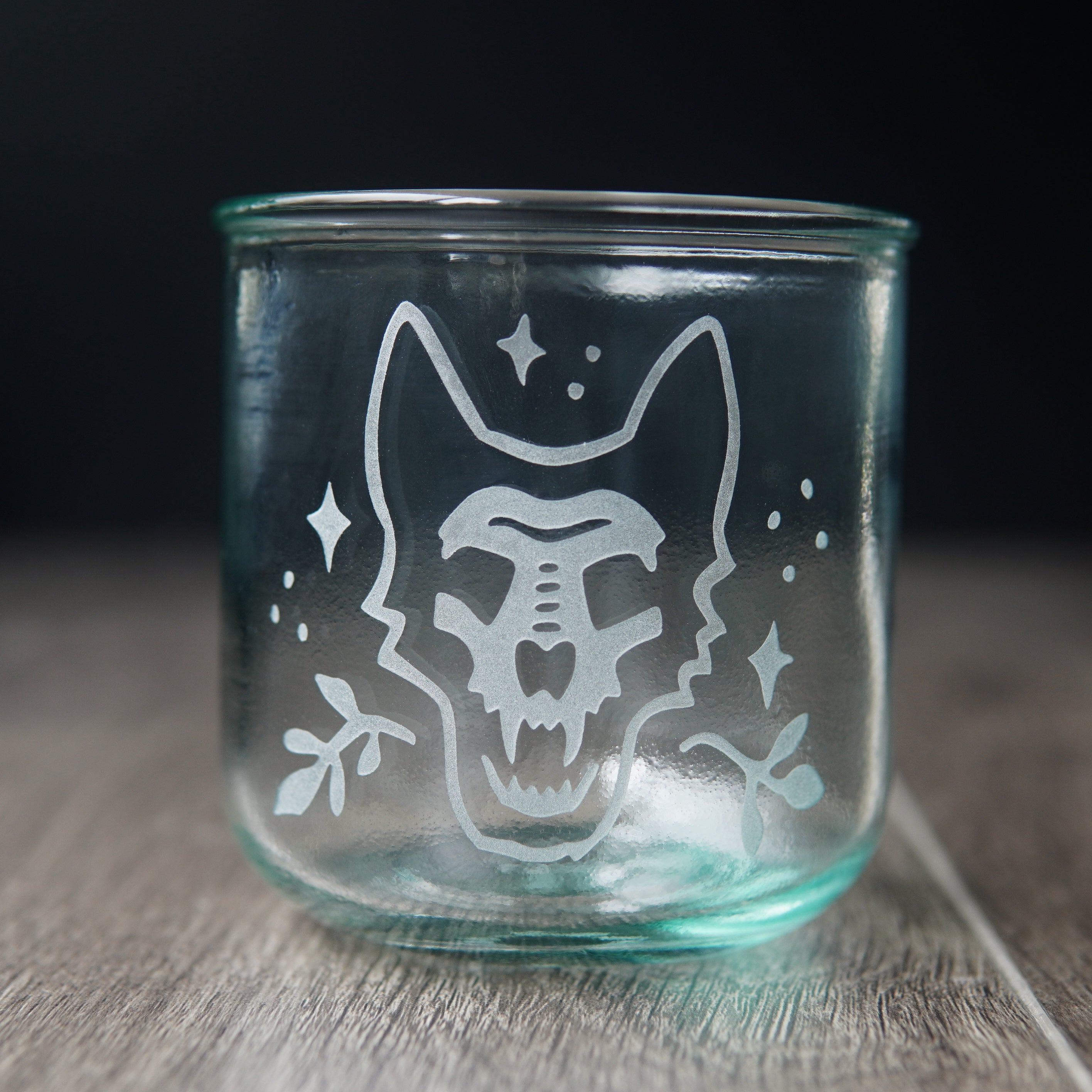 German Shepherd dog skull etched onto short recycled glass cup