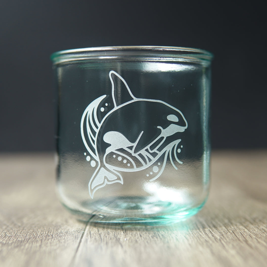 killer whale etched onto a short glass