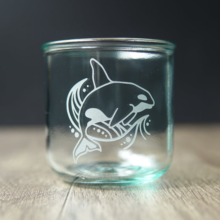 killer whale etched onto a short glass